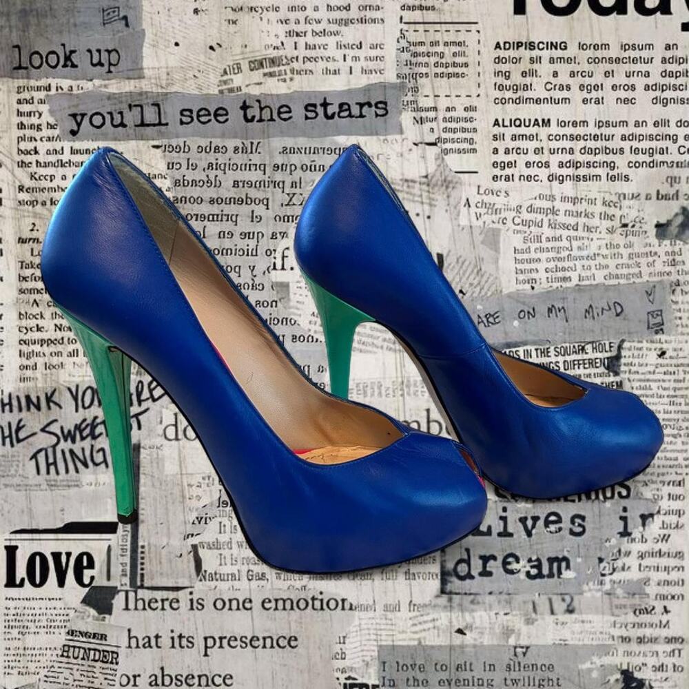 Stuart weitzman victoria blue nappa leather pumps with red peep toe SZ 8